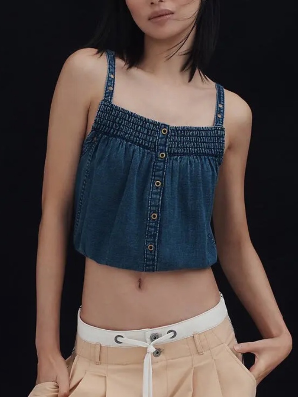 PILCRO Chambray Button-Front Bubble-Hem Top